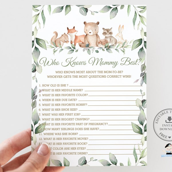 EDITABLE TEMPLATE, Who Knows Mommy Best Game, Woodland Animals Greenery Baby Shower Quiz Activity Diy Printable INSTANT Download File, WG12