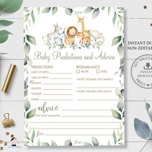 Prédictions bébé et carte de conseils, TÉLÉCHARGEMENT INSTANTANÉ, Rustic Chic Greenery Jungle Animals Baby Shower Game Activity, Diy PDF Printable, JA5