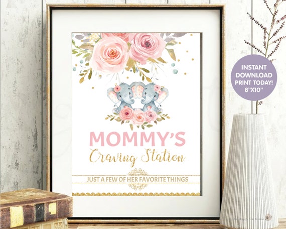 Craving Station Sign, Elephant Twins Baby Shower Mommy's Craving Station, Blush Floral Elephant Printable Sign, Girls, INSTANT DOWNLOAD PK2 Il_570xn