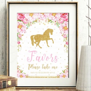 Horse Favors Please Take One Sign, Poster, Birthday Party, Christening, Baptism, Watercolor, Decoration, Pink Floral, Pony, Glitter Gold HR1