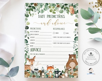 Babyförutsägelser och rådskort, DIREKT NEDLADDNING, Skogsgrönt, Skogsdjur, Babyshower DIY-spelaktivitet, utskrivbar PDF, WG17