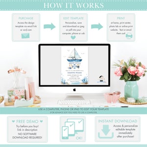 May include: A guide on how to edit and print a baby shower invitation template. The template features a blue and white sailboat with the text "Ahoy! It's a Boy!" and a blue and white floral design. The guide shows how to purchase the template, edit it on a computer, phone, or iPad, and print it at home or at a print shop.