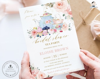 Tea Party Invitation, EDITABLE TEMPLATE, Instant Download, Bridal Baby Shower Birthday High Tea Invite, Chic Blush Pink Floral Gold Pdf, TP5