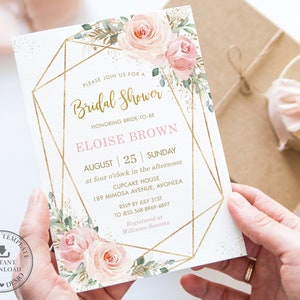 May include: A white bridal shower invitation with gold geometric shapes and pink floral accents. The text reads "Please join us for a Bridal Shower honoring bride-to-be Eloise Brown, August 25, Sunday at four o'clock in the afternoon, Cupcake House, 189 Mimosa Avenue, Avonlea, RSVP by July 31st to Jess 568-8969-4897, Registered at Williams-Sonoma."