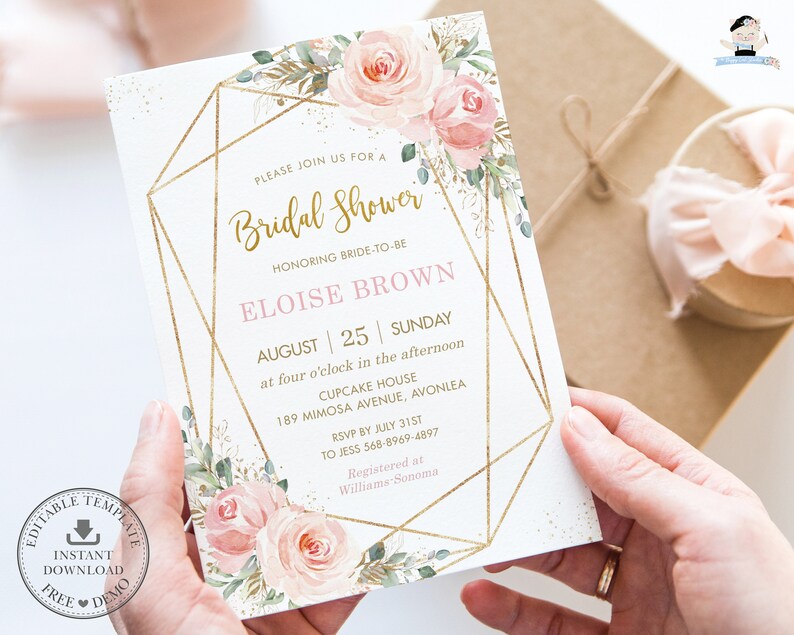 May include: A white bridal shower invitation with gold geometric shapes and pink floral accents. The text reads "Please join us for a Bridal Shower honoring bride-to-be Eloise Brown, August 25, Sunday at four o'clock in the afternoon, Cupcake House, 189 Mimosa Avenue, Avonlea, RSVP by July 31st to Jess 568-8969-4897, Registered at Williams-Sonoma."