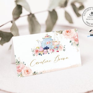 MODÈLE MODIFIABLE, marque-places pour goûter floral rose blush, tente théière pliée nom d'invité anniversaire bébé nuptiale de douche imprimable, TP5