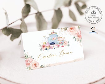 EDITABLE TEMPLATE, Blush Pink Floral High Tea Party Place Card, Teapot Tent Folded Guest Name Birthday Baby Bridal Shower Printable, TP5