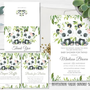 Bamboe groen tweeling Panda baby shower BEWERKBARE uitnodigingsboeken voor baby, afdrukbare dank u luier loterij downloaden, waarde bundel, PA2