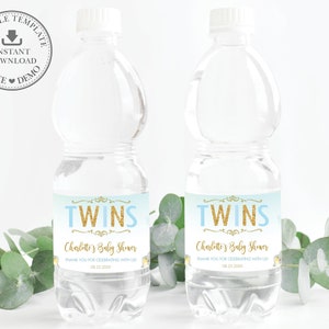 Twin Boys Elephant Water Bottle Labels, EDITABLE TEMPLATE, INSTANT Download, Wrapper Stickers, Cute Twins Baby Shower Favors Printable, EP3 image 2