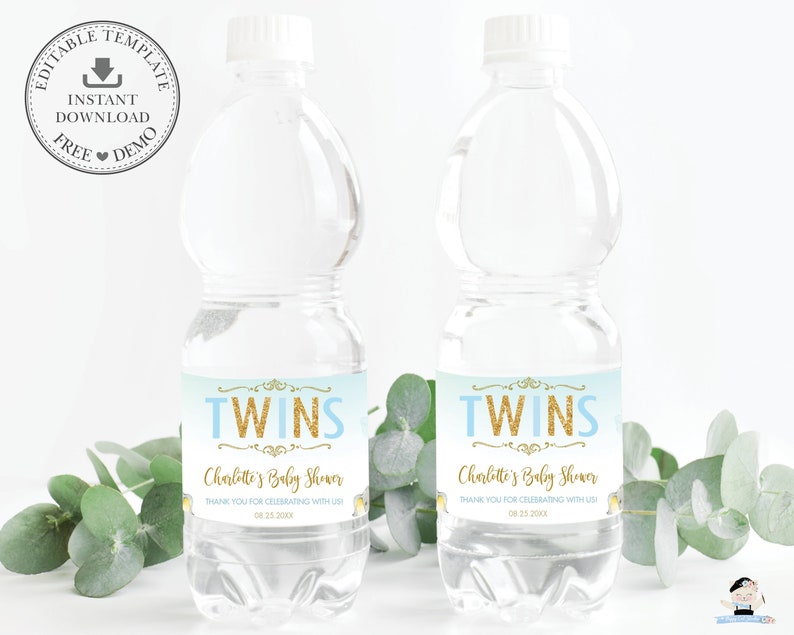 Twin Boys Elephant Water Bottle Labels, EDITABLE TEMPLATE, INSTANT Download, Wrapper Stickers, Cute Twins Baby Shower Favors Printable, EP3 image 2