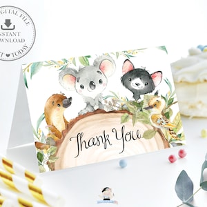 Australische dieren hout groen gevouwen tent dank u kaart INSTANT DOWNLOAD, leuke koala vogelbekdier Kookaburra babyshower 1e verjaardag, AU1