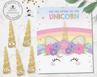 Pin the Horn on the Unicorn Game, Cute Rainbow Unicorn Fun 1st First Birthday Party Game Activity, Gold Glitter Horns, INSTANT DOWNLOAD, RU1