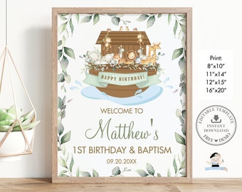 Noah's Ark Welcome Sign EDITABLE TEMPLATE, Greenery Noahs Boy Girl Cute Animals 1st Birthday Baptism Poster Decoration INSTANT Download, NA1