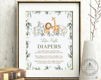 Late Night Diapers Sign, INSTANT DOWNLOAD, Diaper Thoughts, Jungle Animals Greenery Baby Shower Fun Game Activity, Diy PDF Printable, JA5