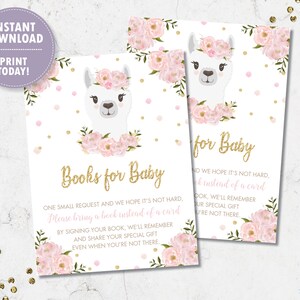 Bring a Book instead of a Card, INSTANT DOWNLOAD, Llama Books for Baby Insert Card, Pink Blush Floral Gold, Llama Printable, Digital, LM1