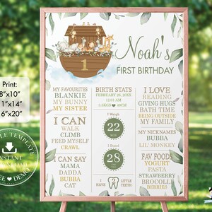 May include: A green and brown illustrated first birthday sign for a boy named Noah. The sign features a cartoon ark with animals, a number one, and a list of milestones and favorites. The sign includes the text "Noah's First Birthday", "My Favourites", "Birth Stats", "I Love", "I Can", and "I Have".