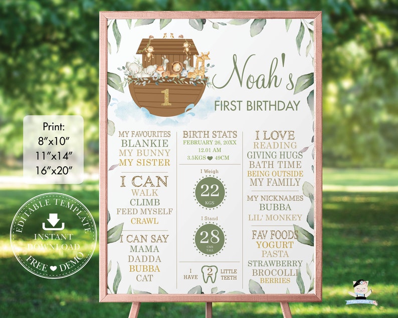 May include: A green and brown illustrated first birthday sign for a boy named Noah. The sign features a cartoon ark with animals, a number one, and a list of milestones and favorites. The sign includes the text "Noah's First Birthday", "My Favourites", "Birth Stats", "I Love", "I Can", and "I Have".