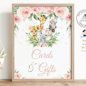 Tarjetas y regalos Signo, DESCARGA INSTANTÁNEA, Rubor rosa Floral Selva Animales Baby Shower Decoración DIY PDF Imprimible, Elefante León Jirafa JA6