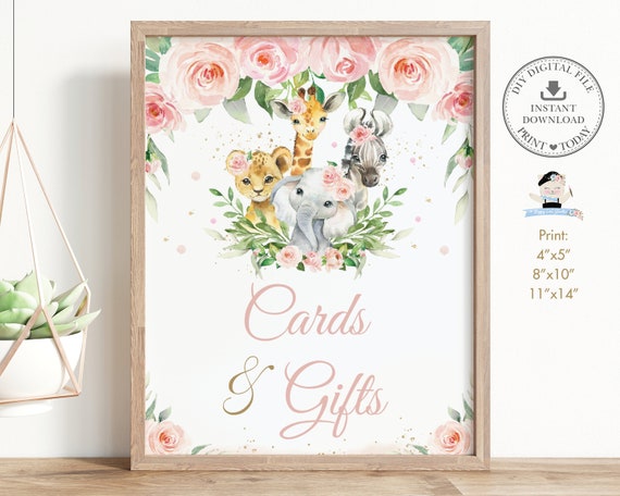 Cards and Gifts Sign, INSTANT DOWNLOAD, Pink Blush Floral Jungle Animals Baby Shower Decoration Diy PDF Printable, Elephant Lion Giraffe JA6 Il_570xn