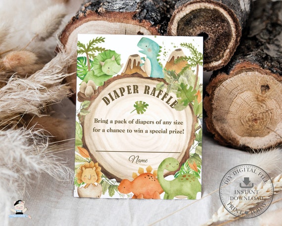 Diaper Raffle Ticket Card Printable, INSTANT DOWNLOAD, Cute Friendly Colorful Dinosaurs T-Rex Jurassic Baby Shower Bring Diapers Insert, DS1 Il_570xn