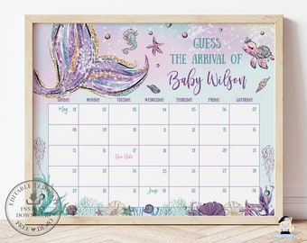 Guess Baby Fälligkeit Datum Kalender Spiel druckbare, EDITIERBARE VORLAGE Meerjungfrau Baby Ankunft Dusche Spiel Zeichen Geburtstagsvorhersage MT2