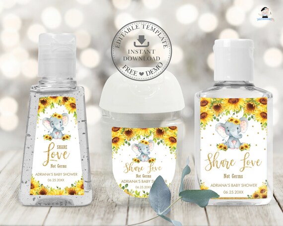 Sunflower Elephant Hand Sanitizer Labels, EDITABLE TEMPLATE, Baby Shower Birthday Lotion Favors Printable, PocketBac, INSTANT Download, EP8 Il_570xn