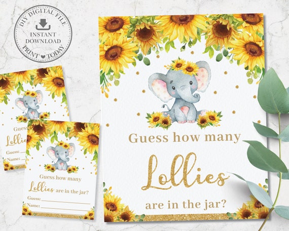 Guess How Many Lollies are in the Jar Game, INSTANT DOWNLOAD, Sunflower Floral Elephant Baby Shower Fun Activity, Diy PDF Printable, EP8 Il_570xn