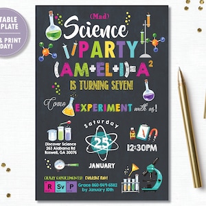 May include: A chalkboard style invitation for a Mad Science Party. The invitation features colorful text that reads "(Mad) Science Party (AM+EL+I)=A&sup2; is turning seven!"  Come Experiment with us! Saturday January 25th 12:30PM. Discover Science 263 Alabama Rd Roswell, GA 30076. Crazy Experiments! RSVP Grace 860-549-6582 by January 10th.