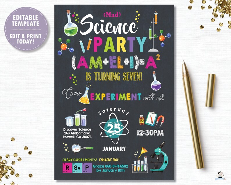 May include: A chalkboard style invitation for a Mad Science Party. The invitation features colorful text that reads "(Mad) Science Party (AM+EL+I)=A&sup2; is turning seven!"  Come Experiment with us! Saturday January 25th 12:30PM. Discover Science 263 Alabama Rd Roswell, GA 30076. Crazy Experiments! RSVP Grace 860-549-6582 by January 10th.