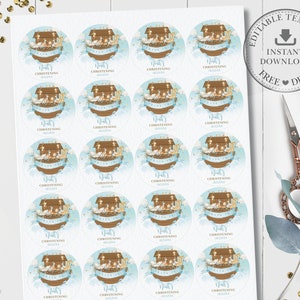 May include: Twenty-four round stickers with a blue and brown illustration of Noah's Ark with animals. The text "Noah's Christening" is on each sticker.