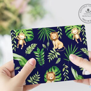 May include: A digital printable invitation featuring a jungle theme with a navy blue background. The invitation is decorated with green leaves, monkeys, and lions. The text "Editable Template" is in the top right corner of the image.