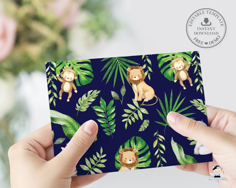 May include: A digital printable invitation featuring a jungle theme with a navy blue background. The invitation is decorated with green leaves, monkeys, and lions. The text "Editable Template" is in the top right corner of the image.