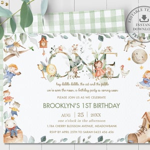 Nursery Rhyme 1st Birthday Invitation, EDITABLE TEMPLATE, Chic Gender Neutral Boy Girl Storybook Invite Printable Pdf, Hey Diddle Diddle NR1