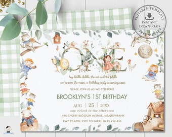 Nursery Rhyme 1st Birthday Invitation, EDITABLE TEMPLATE, Chic Gender Neutral Boy Girl Storybook Invite Printable Pdf, Hey Diddle Diddle NR1