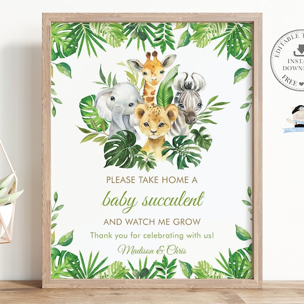 Greenery Jungle Animals Baby Succulent Favor Sign, EDITABLE TEMPLATE, Diy Elephant Safari Baby Shower Thank You Decor, INSTANT Download, JA7