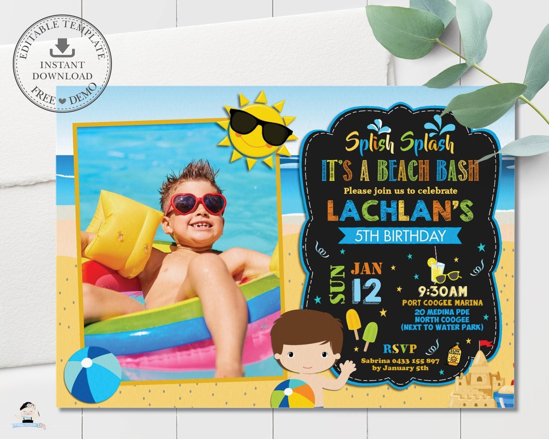 beach-party-invitation-editable-template-vibrant-boy-blue-summer-pool-birthday-party-printable-photo-invite-pdf-diy-instant-download-pl1-etsy