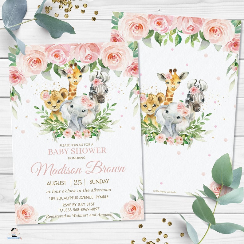 K&ouml;nnte beinhalten: Babyparty-Einladung mit Illustrationen von Giraffe, L&ouml;we, Zebra und Elefant, umgeben von rosa Rosen und Gr&uuml;n. Der Text "Please join us for a Baby Shower" ist enthalten, sowie die Details f&uuml;r Madisons Babyparty.