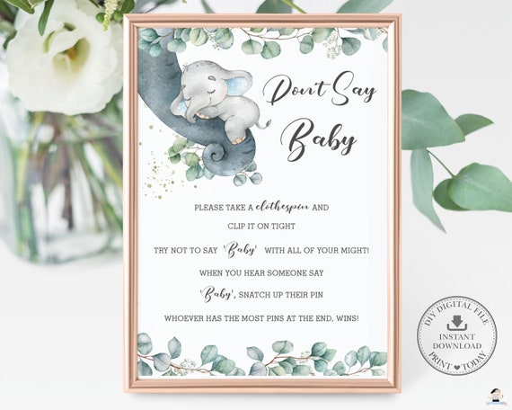 Elephant Don't Say Baby Game Sign, INSTANT DOWNLOAD, Greenery Cute Sleeping Elephant Boy Baby Shower Game Activity, Diy PDF Printable, EP10 Il_570xn