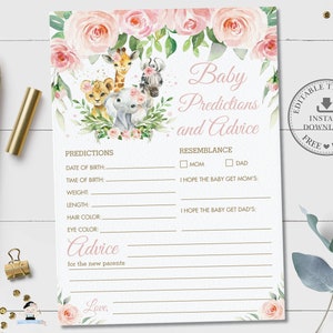 BEWERKBARE SJABLOON, Babyvoorspellingen en Advieskaart, Roze Bloemen Jungle Dieren Baby Douche Spelactiviteit Diy Afdrukbare INSTANT Download JA6