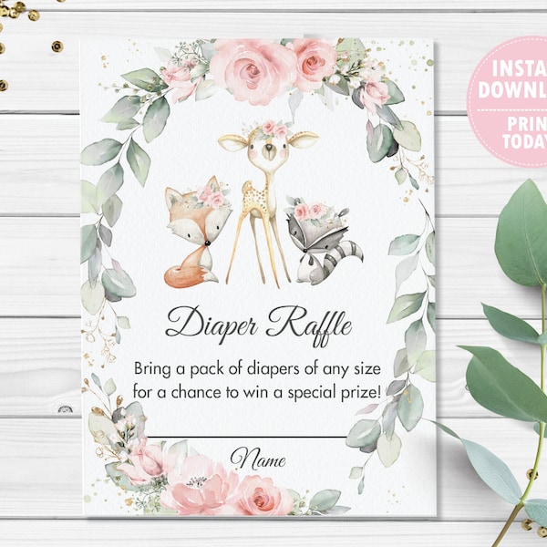 Woodland Animals Diaper Raffle Card,  Chic Pastel Pink Floral Greenery Baby Girl Shower Diaper Raffle Insert, Diy Pdf INSTANT Download, WG10