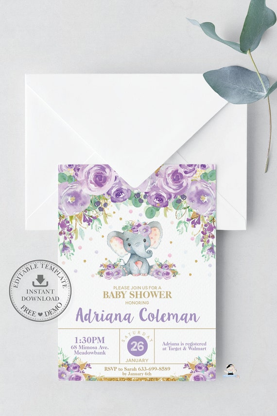 EDITABLE TEMPLATE Elephant Baby Shower Invitation, Printable Elephant, Baby Girl, Purple Floral, Lilac, Chic, Glitter Gold, Whimsical, EP9 Il_570xn