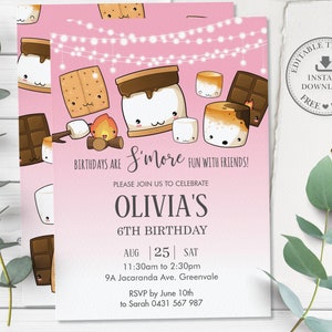 S'mores uitnodiging, BEWERKBARE SJABLOON, schattige Kawaii Smore verjaardagsfeestje uitnodigen afdrukbare, kampvuur vreugdevuur buiten, INSTANT Download, KW1