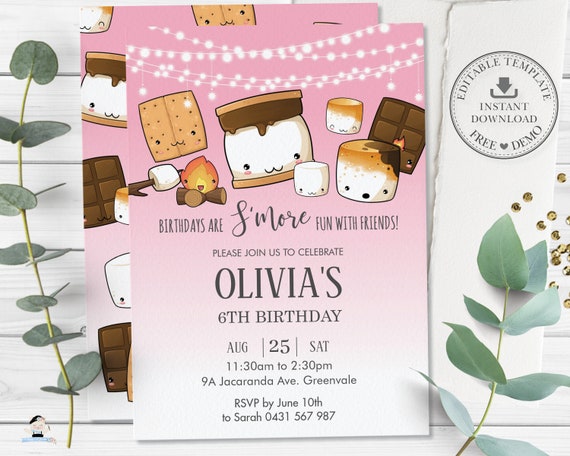 S'mores Invitation, EDITABLE TEMPLATE, Cute Kawaii Smore Birthday Party Invite Printable, Campfire Bonfire Outdoor, INSTANT Download, KW1 Il_570xn
