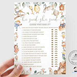 Puede incluir: Un juego de baby shower imprimible con una ilustración de acuarela de animales del bosque y un esquema de color dorado y blanco. El juego se llama "Él dijo, ella dijo... Adivina quién lo dijo?" y pide a los jugadores que adivinen quién dijo cada frase: la mamá, el papá, ninguno de los dos o ambos. Las frases están enumeradas en el lado izquierdo de la tarjeta, y hay espacios en blanco en el lado derecho para que los jugadores marquen sus conjeturas.