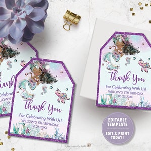 EDITABLE TEMPLATE Mermaid Thank You Tags, Favors, African Mermaid Printable, Baby Shower Girl, Birthday, Under the Sea, Purple Glitter, MT2