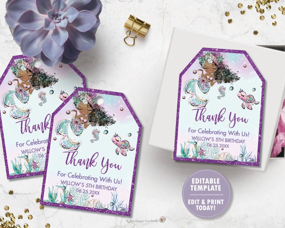 EDITABLE TEMPLATE Mermaid Thank You Tags, Favors, African Mermaid ...
