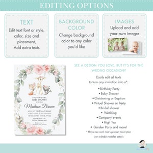 May include: A baby shower invitation with a watercolor background featuring a deer, fox, and raccoon. The invitation is for Madison Brown and is set for August 25th at 4:00 pm. The address is 189 Eucalyptus Avenue, Pymble. RSVP by July 31st to Jess at 568-000-407.