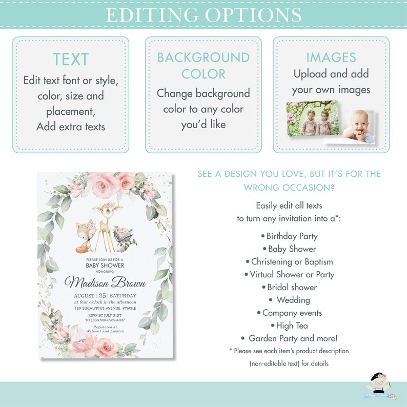 May include: A baby shower invitation with a watercolor background featuring a deer, fox, and raccoon. The invitation is for Madison Brown and is set for August 25th at 4:00 pm. The address is 189 Eucalyptus Avenue, Pymble. RSVP by July 31st to Jess at 568-000-407.