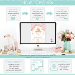 May include: A computer monitor displays a baby shower invitation with a pink floral design and gold accents. The invitation reads "A Little Princess" and includes event details. The image also shows a desk setup with flowers and stationery.