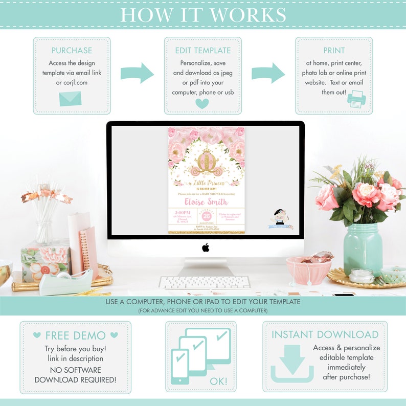 May include: A computer monitor displays a baby shower invitation with a pink floral design and gold accents. The invitation reads "A Little Princess" and includes event details. The image also shows a desk setup with flowers and stationery.